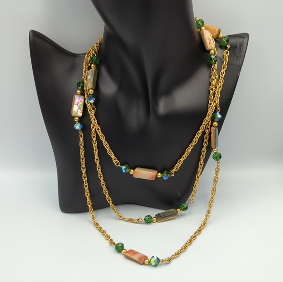 Vintage Gold Tone Necklace Abalone Shell Green AB Glass Beads Stations Long 42" - Picture 2 of 10